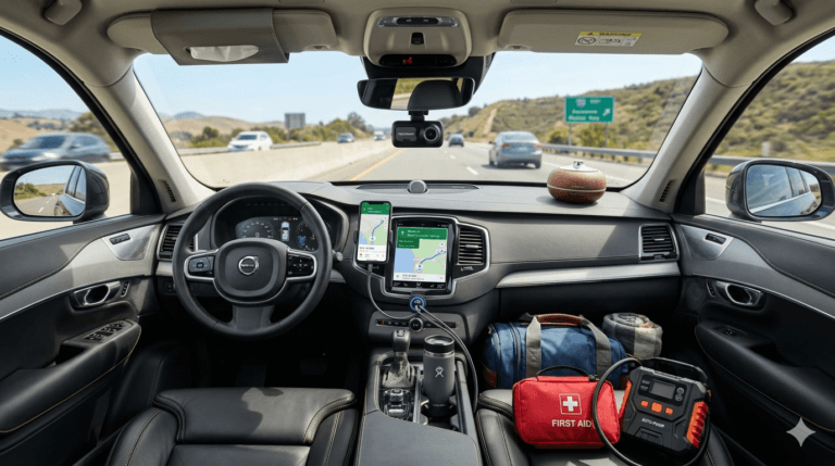 A high-detail, realistic interior of a modern car prepared for a road trip, featuring a dashboard-mounted smartphone with GPS, a dashcam, a first aid kit, and a portable tire inflator on the passenger seat, with a sunny highway visible through the windshield.