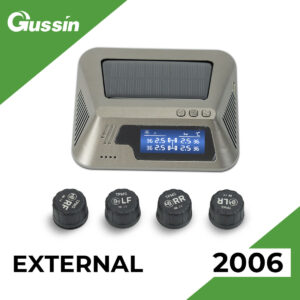 Solar powered car TPMS monitor with digital LCD display showing real-time tire pressure and temperature for four wheels.
