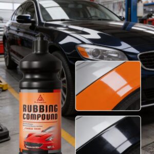 Rubbing compound product bottle with before and after comparison of car paint restoration from dull to shiny.