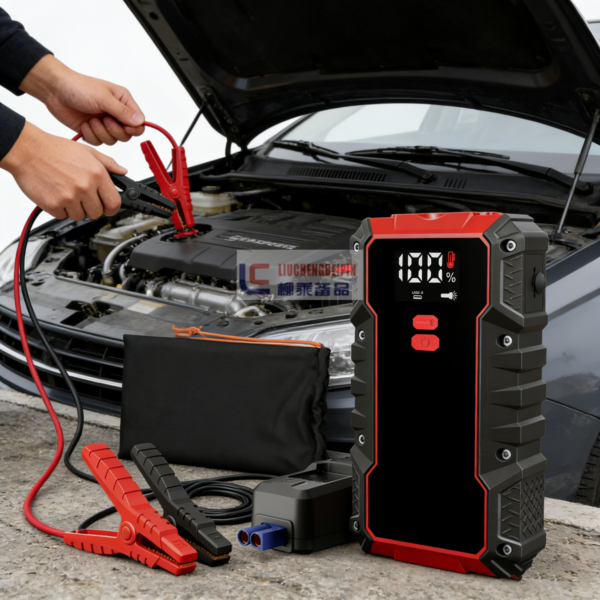 portable-car-jump-starter-carmartbd.jpg পোর্টেবল কার জাম্প স্টার্টার দিয়ে গাড়ির ব্যাটারি স্টার্ট দেওয়ার দৃশ্য।