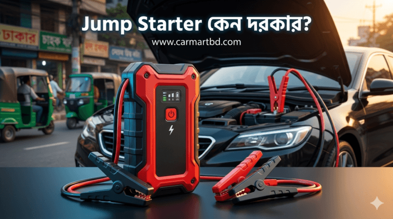 বাংলাদেশের রাস্তায় একটি গাড়ির ইঞ্জিনে লাল ও কালো ক্ল্যাম্প দিয়ে যুক্ত করা একটি পোর্টেবল জাম্প স্টার্টার। ছবির পেছনে রিকশা ও ট্রাফিক দেখা যাচ্ছে।