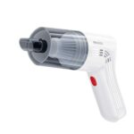 Yesido VC10 portable wireless car vacuum cleaner in white color with a red power button showing transparent dust collector and filter.